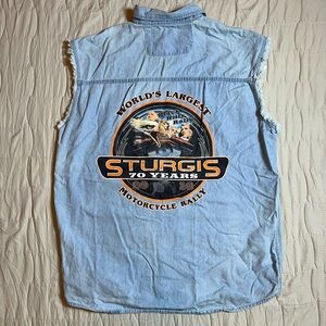 Y2K Sturgis Motorcycle Bike Week Cut Off Vest Button Shirt Men’s XL Denim 2010